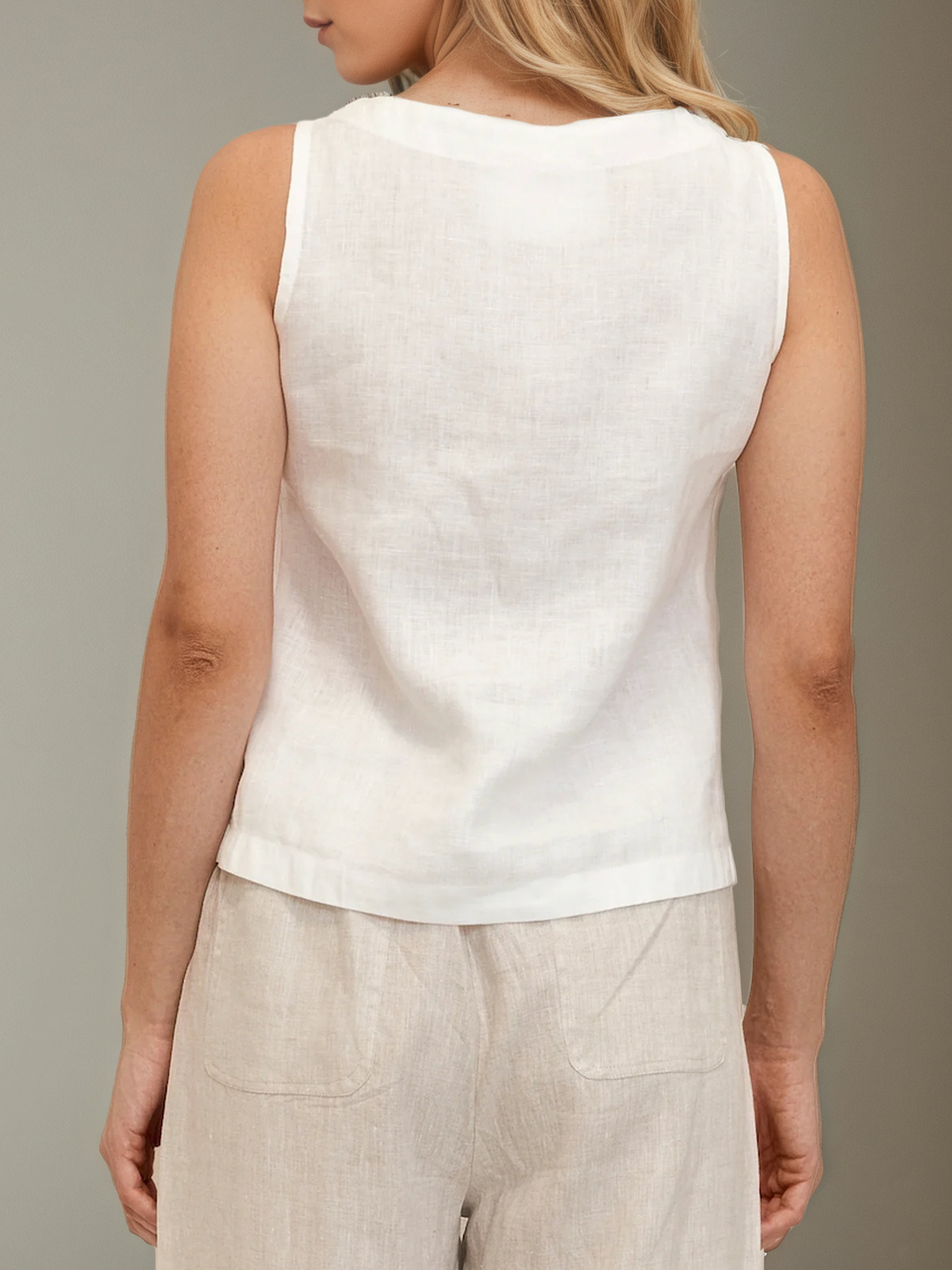 Linen Crew Neck Plain Sleeveless Tank Top