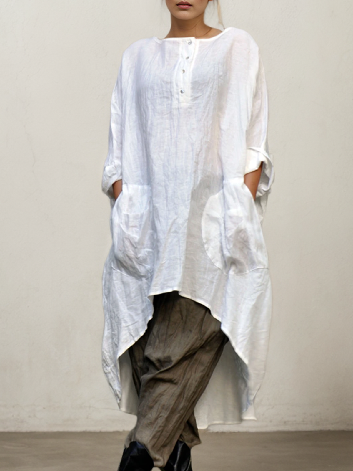 Cotton And Linen Crew Neck Plain Three Quarter Sleeve Blouse