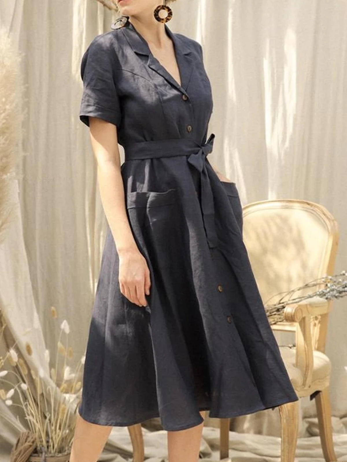 Cotton And Linen Camp Collar Plain Short Sleeve Maxi Dress