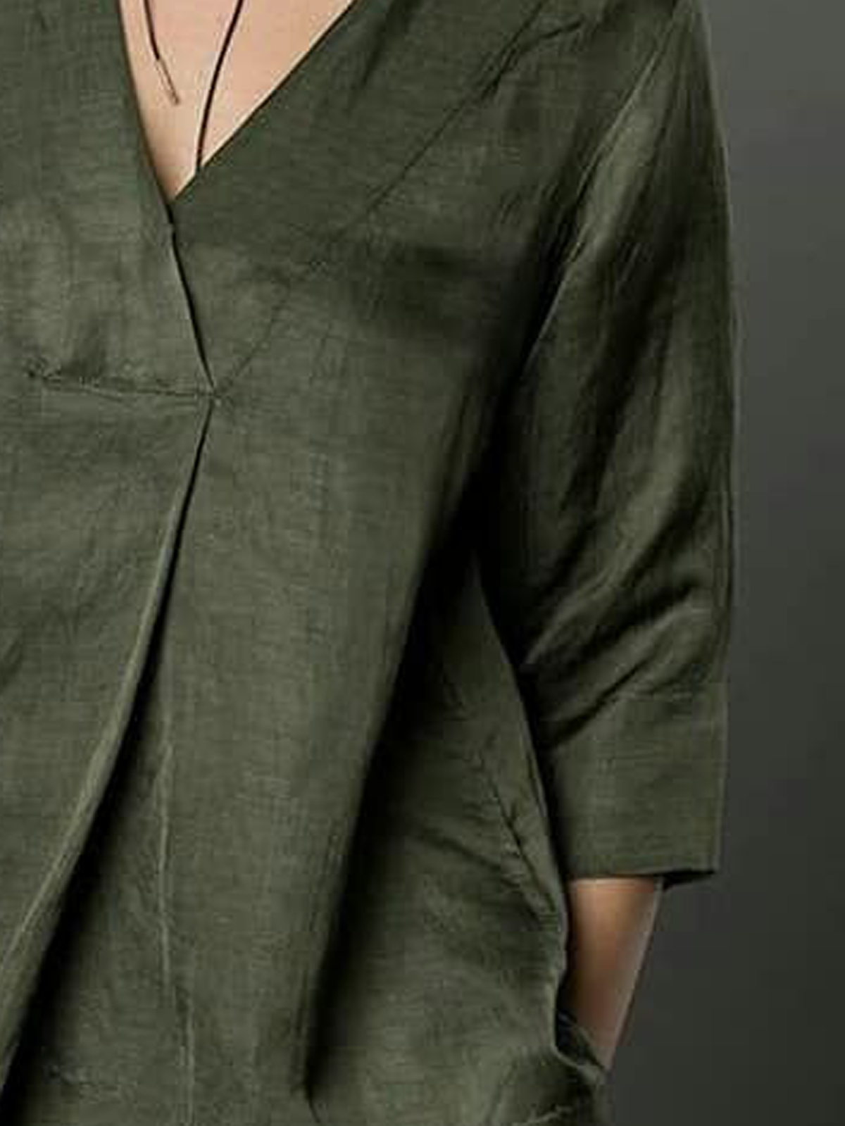 Cotton And Linen V Neck Plain Three Quarter Sleeve Blouse