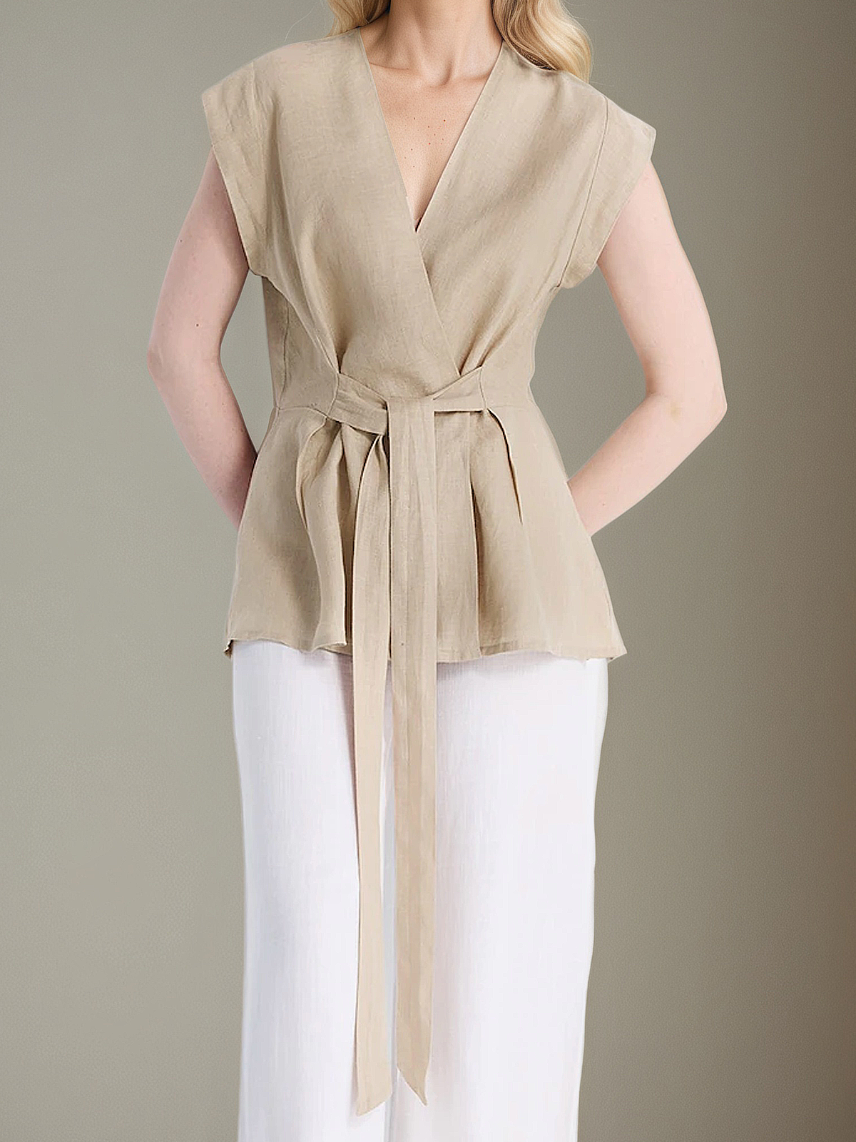 Linen V Neck Plain Cap Sleeve Blouse