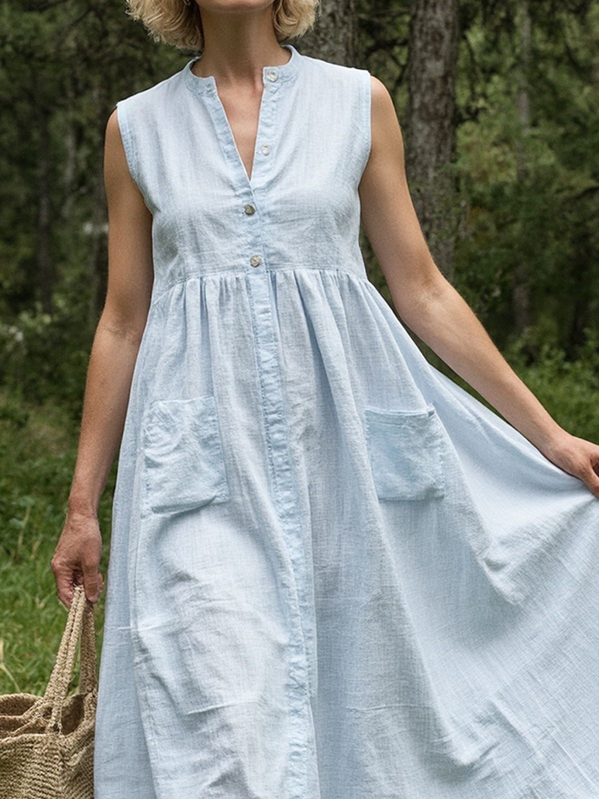 Linen Stand Collar Plain Sleeveless Midi Dress