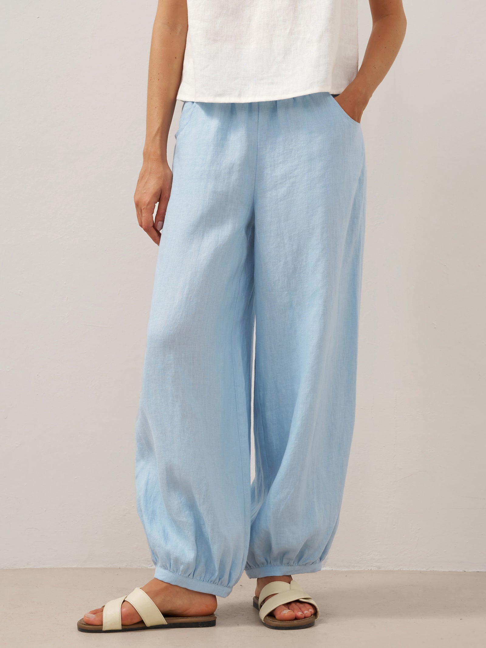 100% Linen Broad Elastic Waistband Pants TALIA