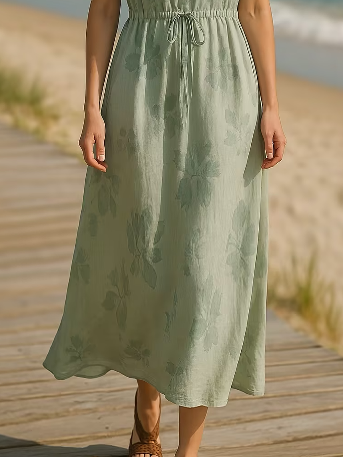 Linen Shirt Collar Floral Short Sleeve Maxi Dress