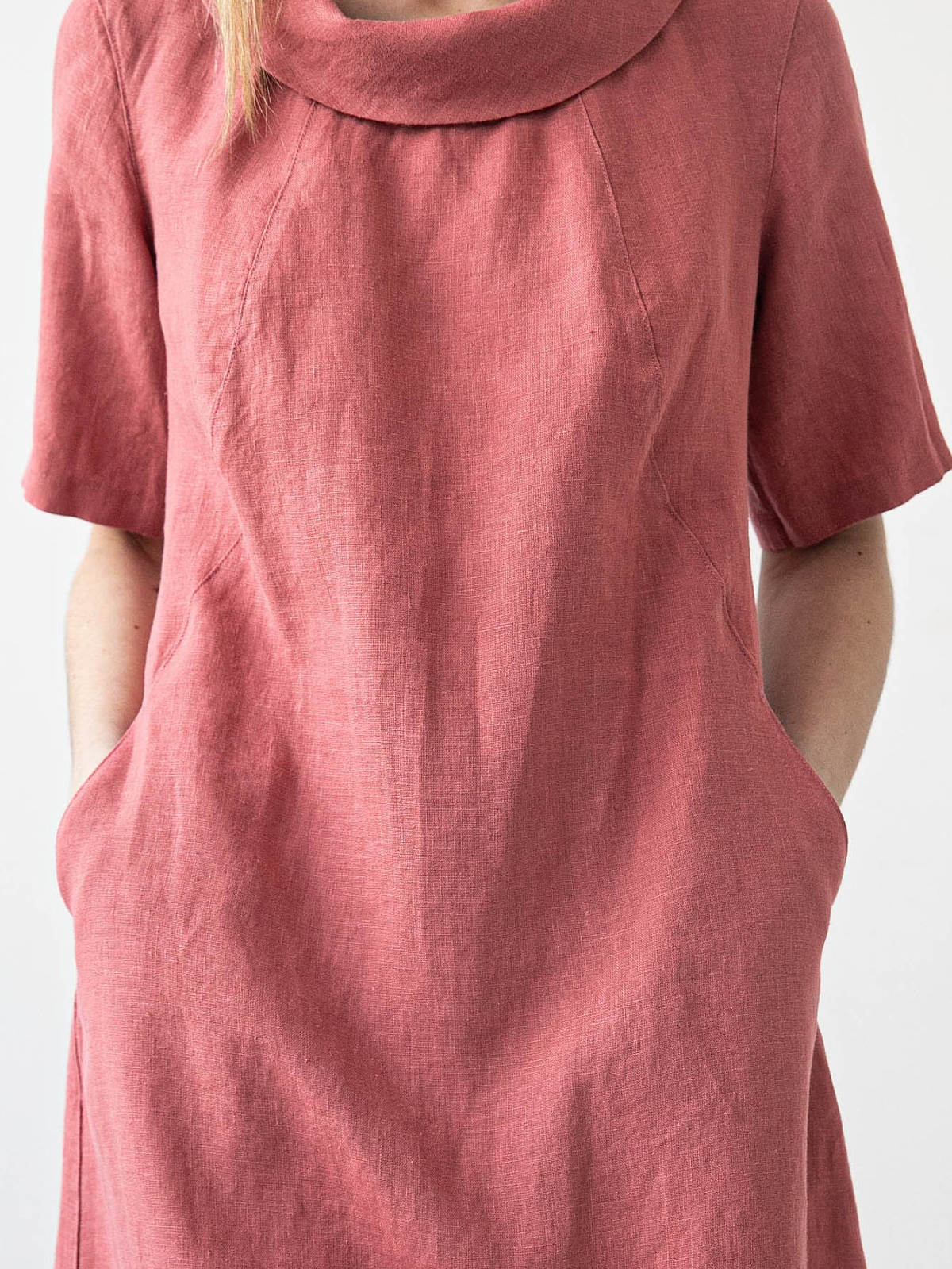 Cotton And Linen Crew Neck Plain Short Sleeve Midi Dress