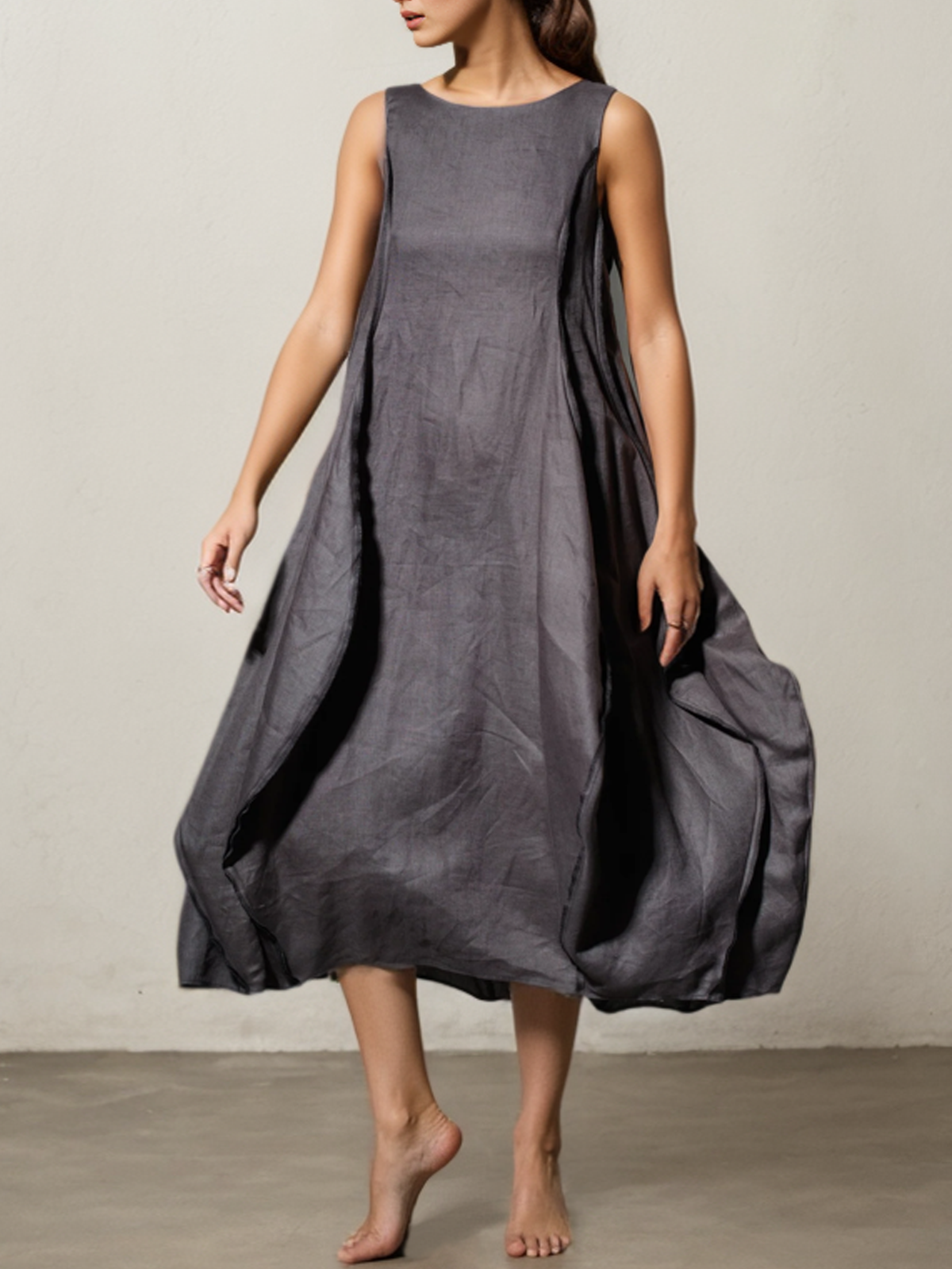 Cotton And Linen Crew Neck Plain Sleeveless Maxi Dress