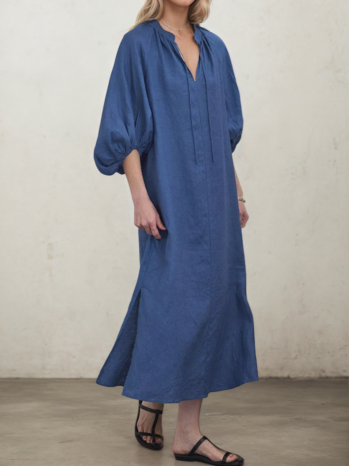 Linen Stand Collar Plain Short Sleeve Maxi Dress