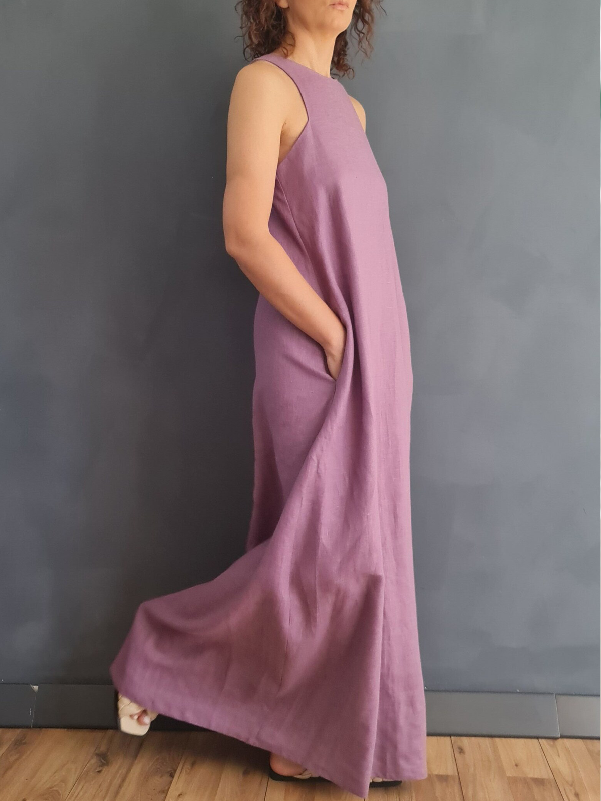 Cotton And Linen Crew Neck Plain Sleeveless Maxi Dress