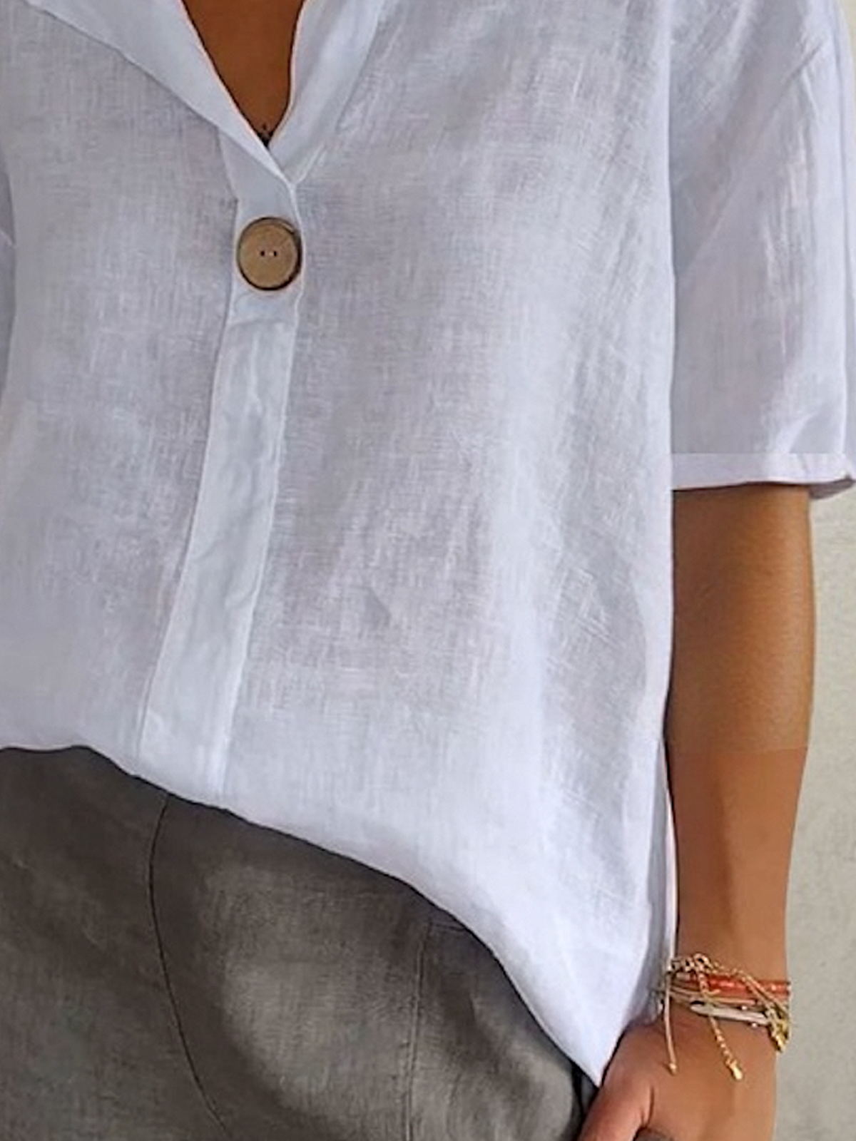 Linen Crew Neck Plain Short Sleeve Blouse