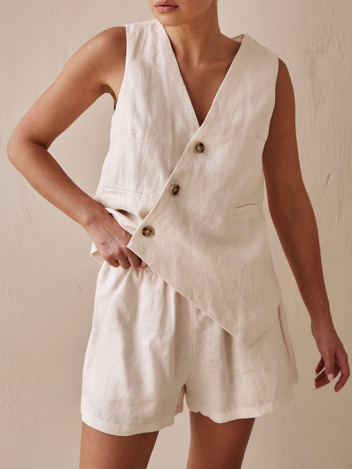 Cotton And Linen V Neck Plain Button Design Sleeveless Two-piece Set