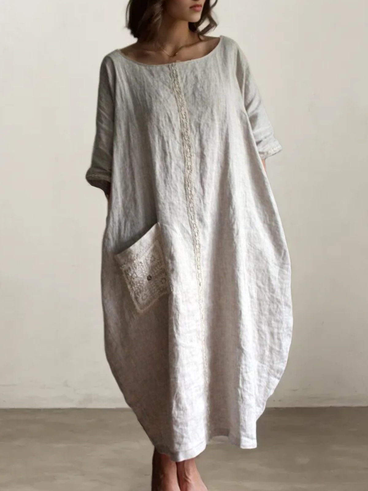 Cotton And Linen Crew Neck Plain Short Sleeve Maxi Dress