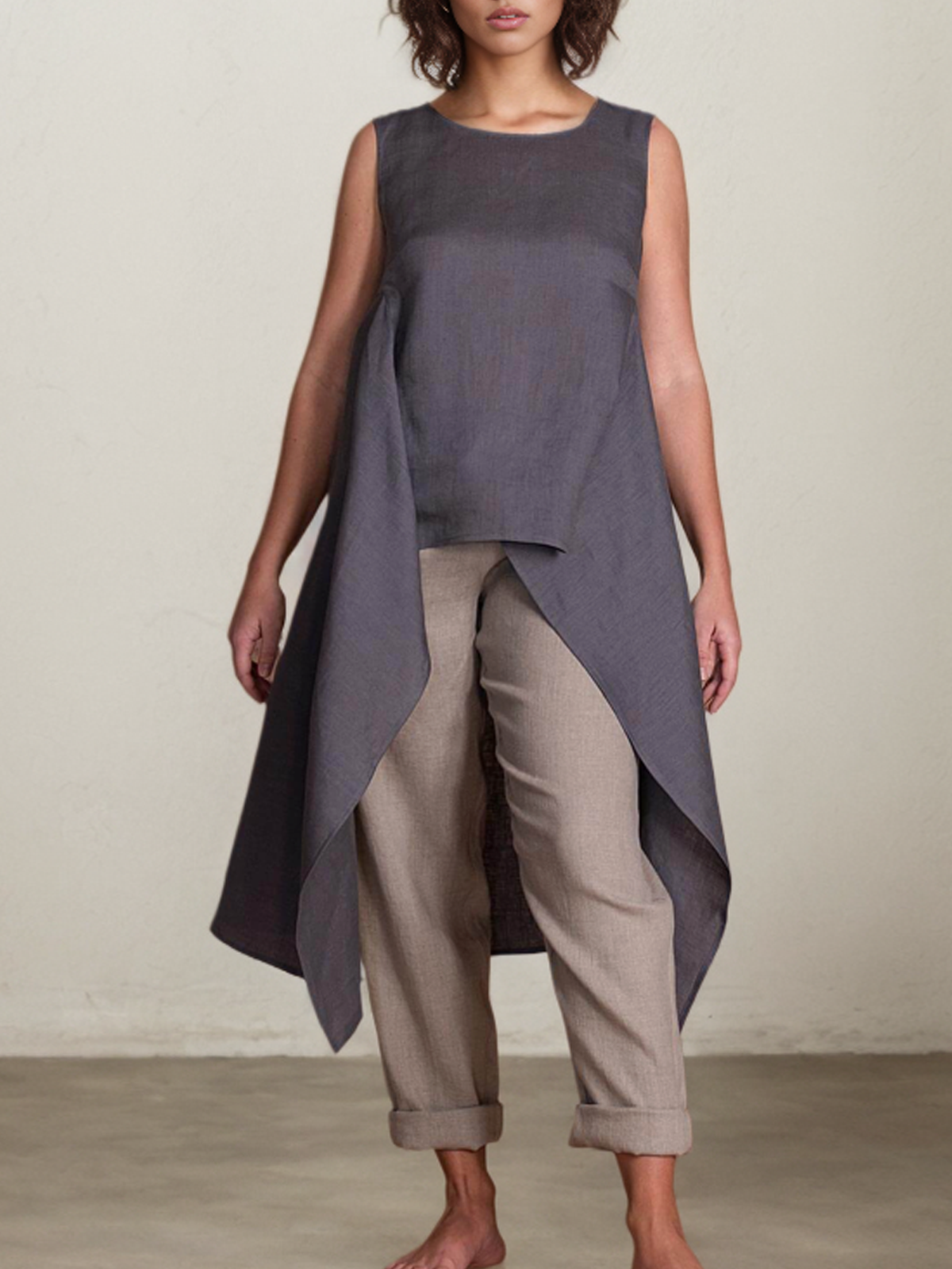 Cotton And Linen Crew Neck Sleeveless Irregular Hem Tank Top