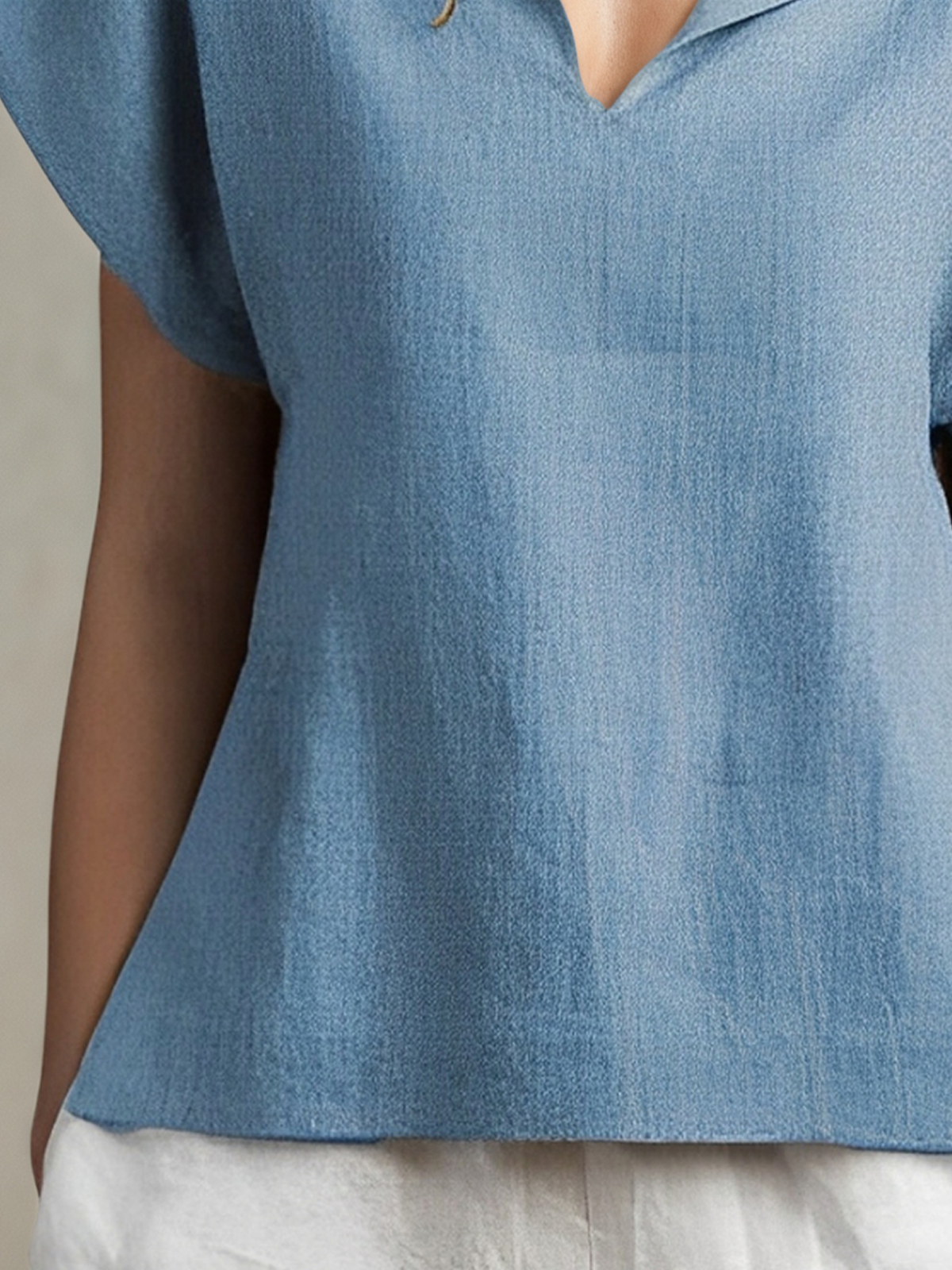 Linen Shawl Collar Plain Short Sleeve Blouse