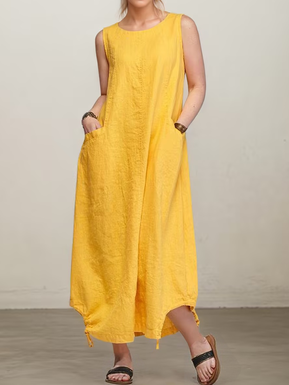 Linen Crew Neck Plain Sleeveless Maxi Dress