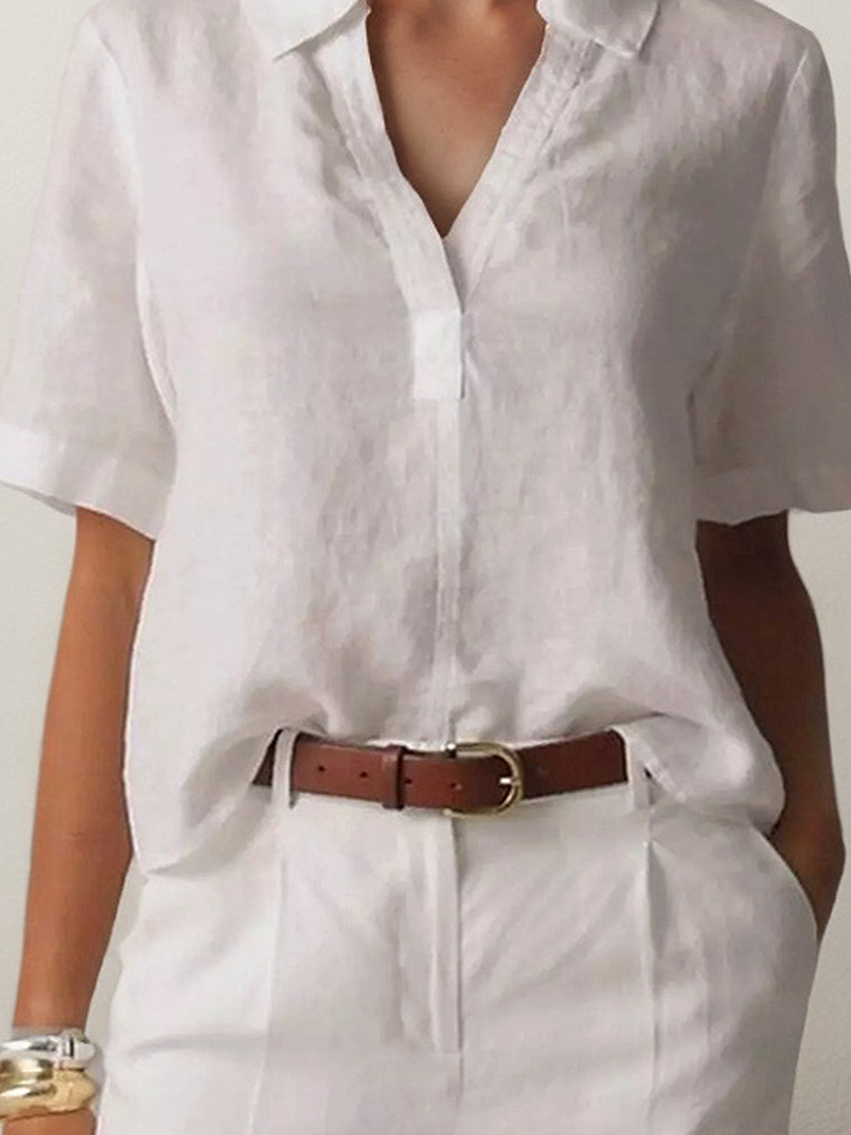 Linen Shirt Collar Plain Short Sleeve Blouse