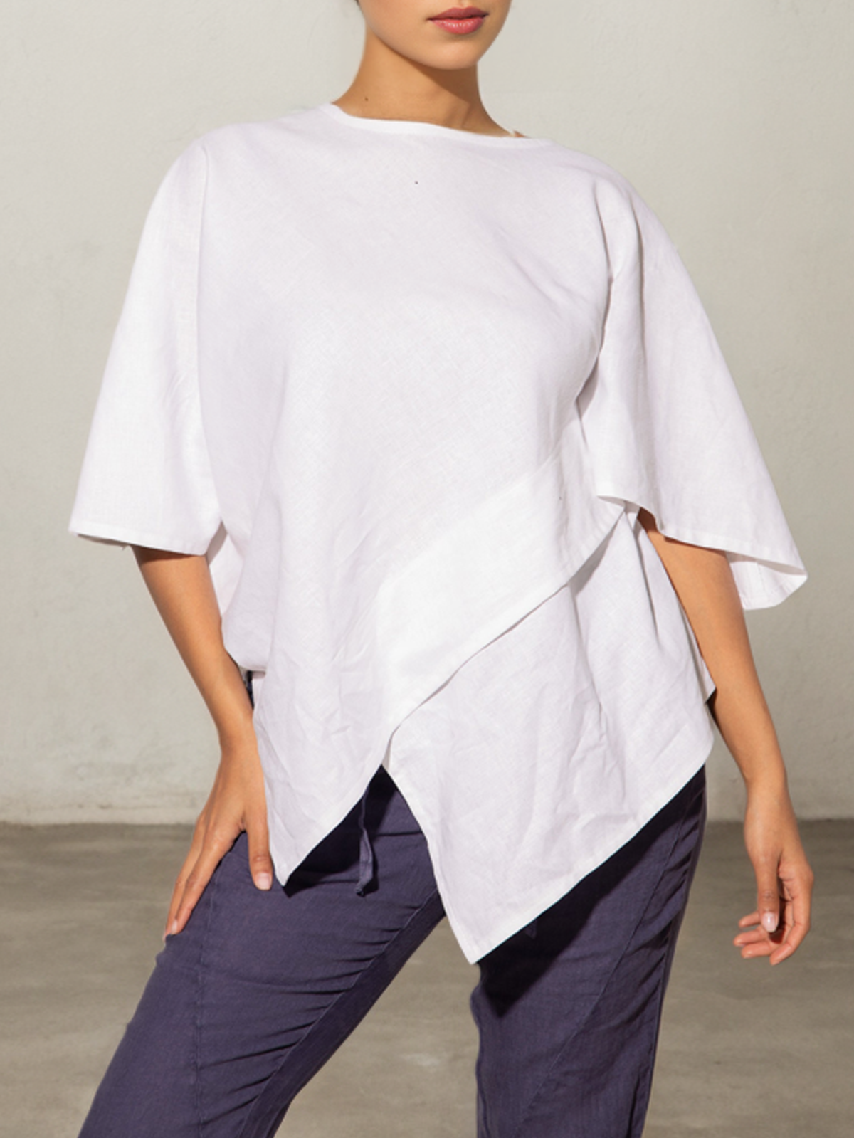 Cotton And Linen Crew Neck Irregular Hem Short Sleeve T-Shirt