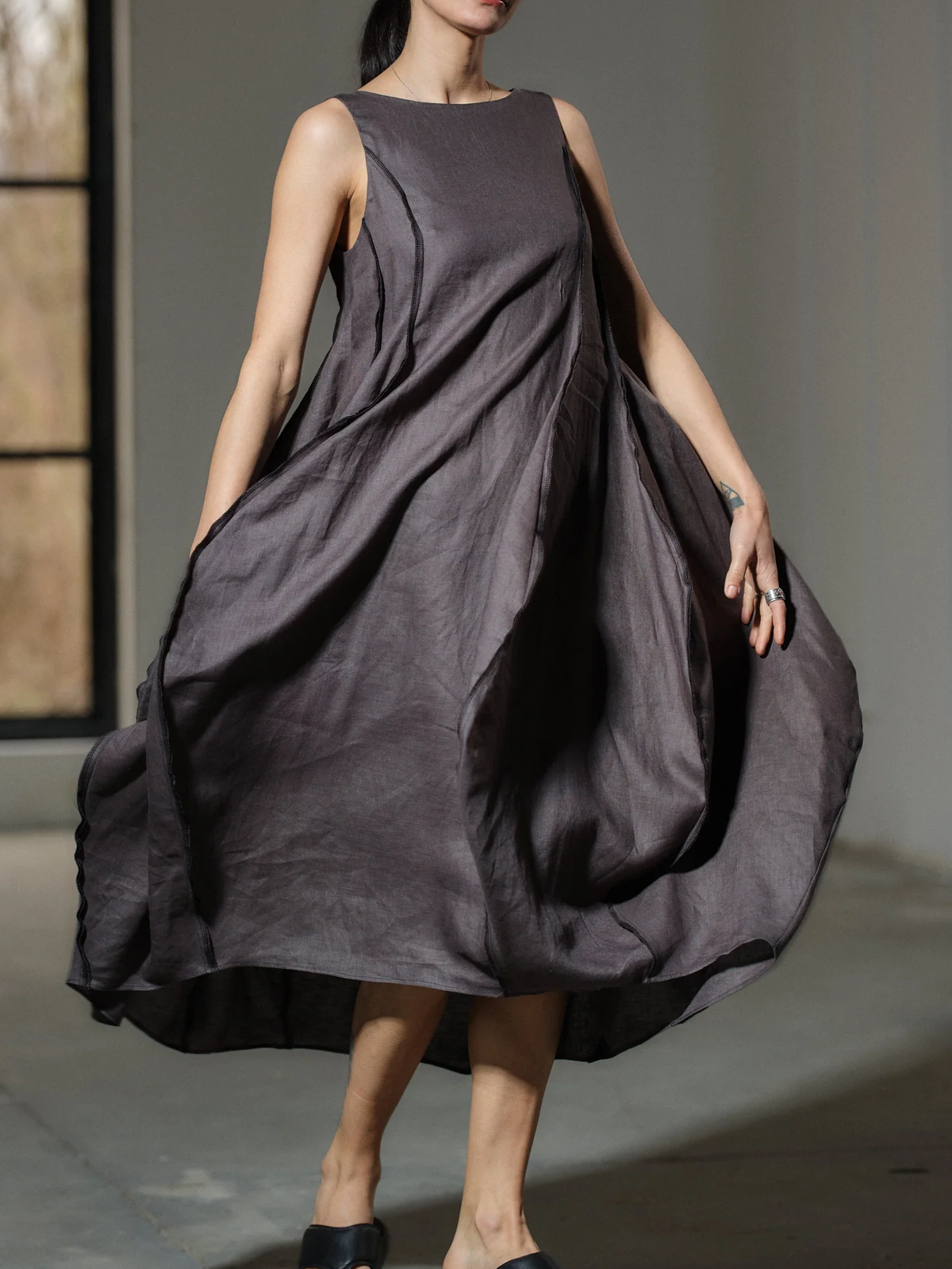 Cotton And Linen Crew Neck Plain Sleeveless Maxi Dress