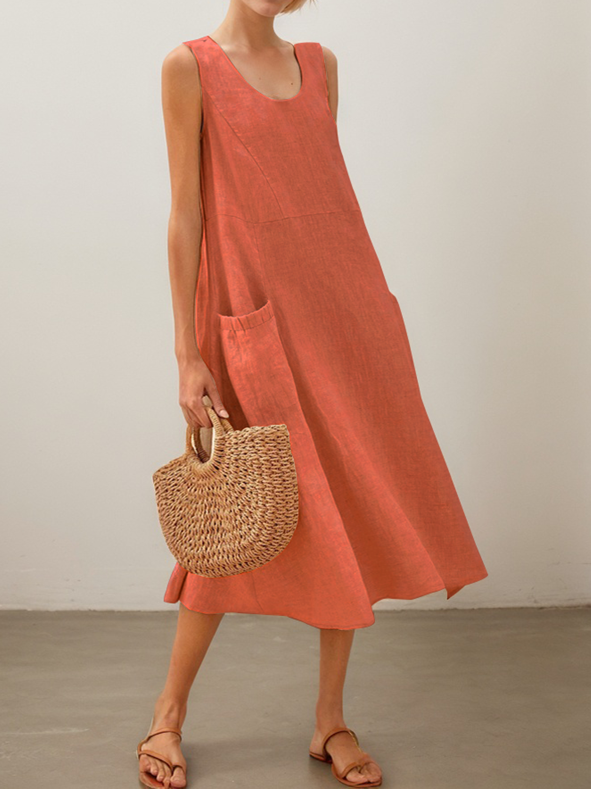Cotton And Linen Crew Neck Plain Sleeveless Maxi Dress