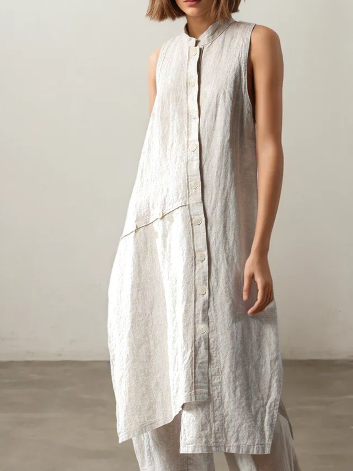 Cotton And Linen Stand Collar Button Design Sleeveless Midi Dress