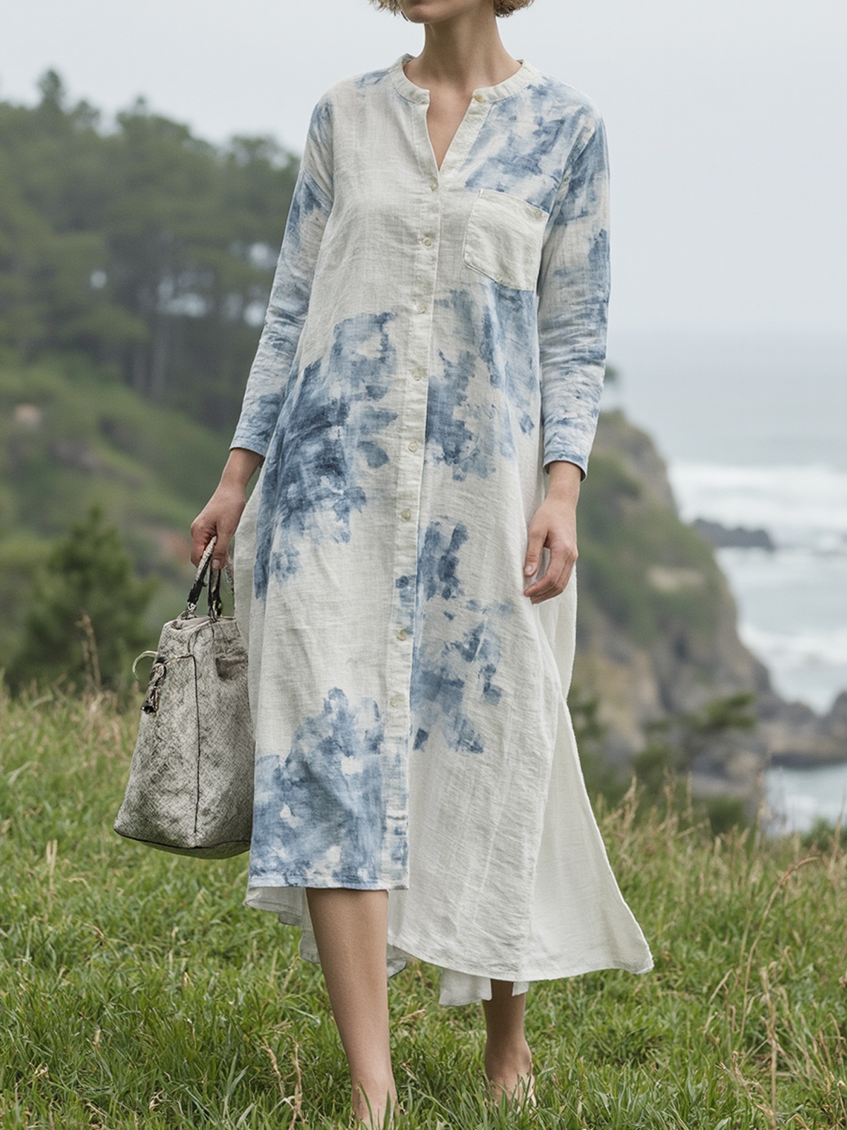 Linen Stand Collar Floral Three Quarter Sleeve Midi Dress