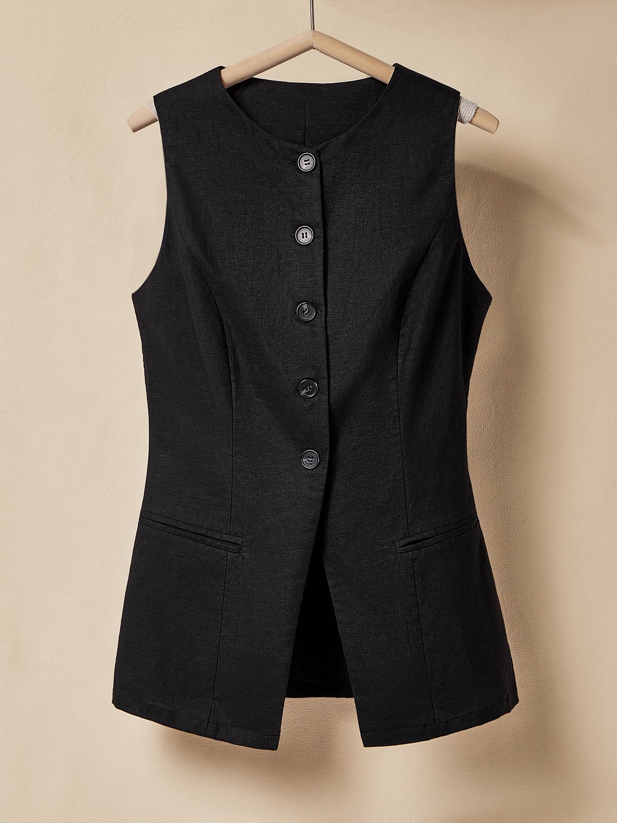 Cotton And Linen Crew Neck Button Design Sleeveless Tank Top