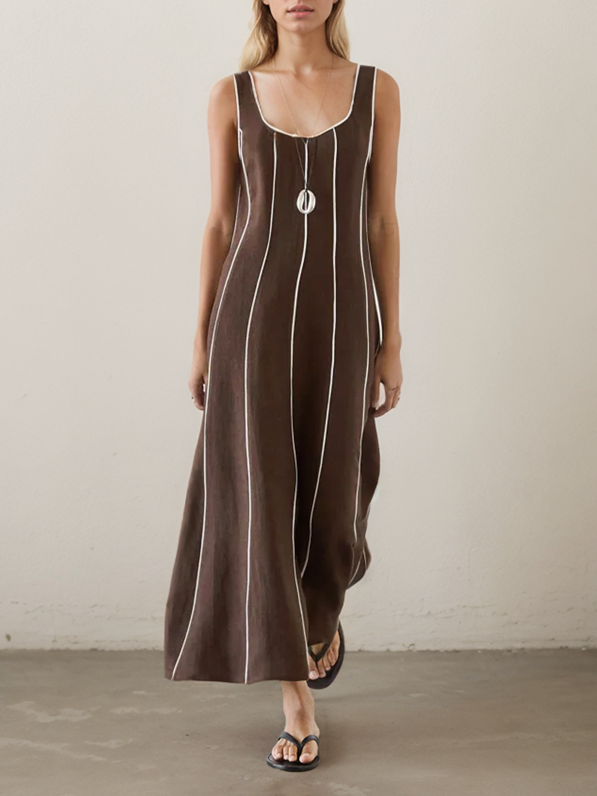 Cotton And Linen Crew Neck Striped Sleeveless Maxi Dress