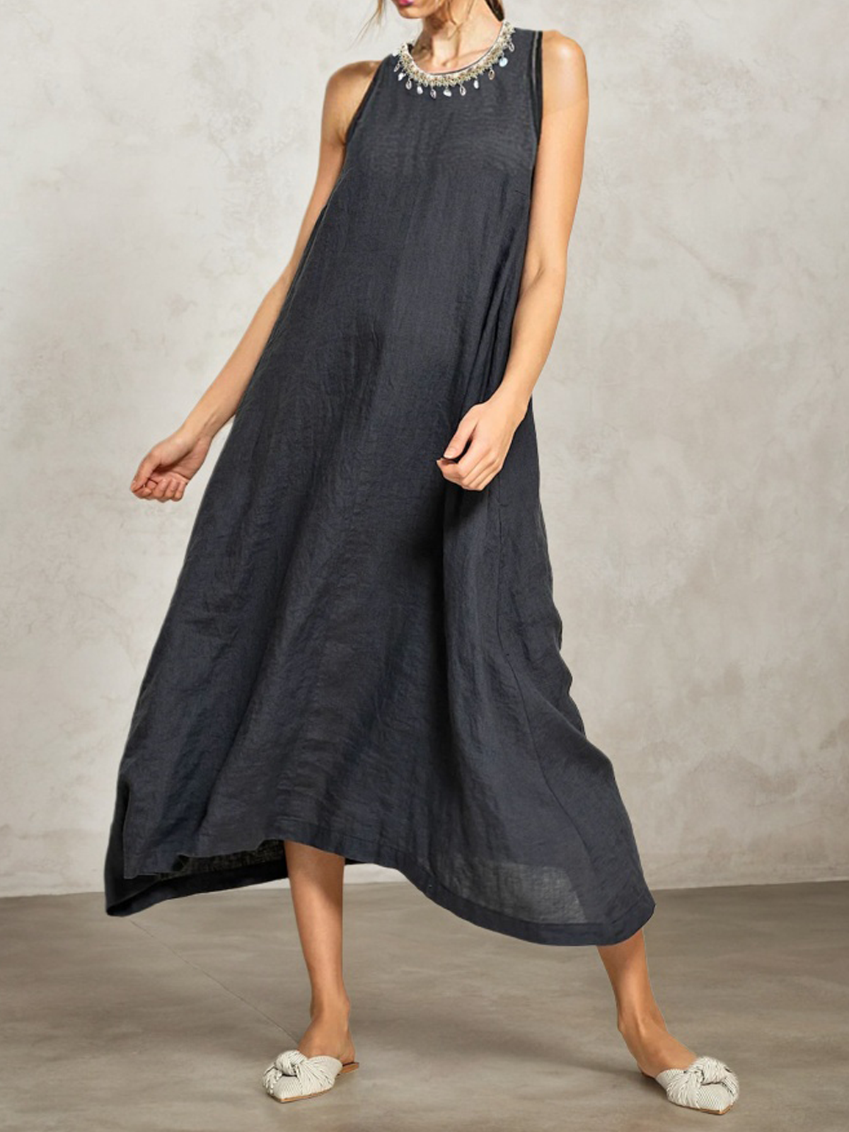Linen Crew Neck Plain Sleeveless Maxi Dress