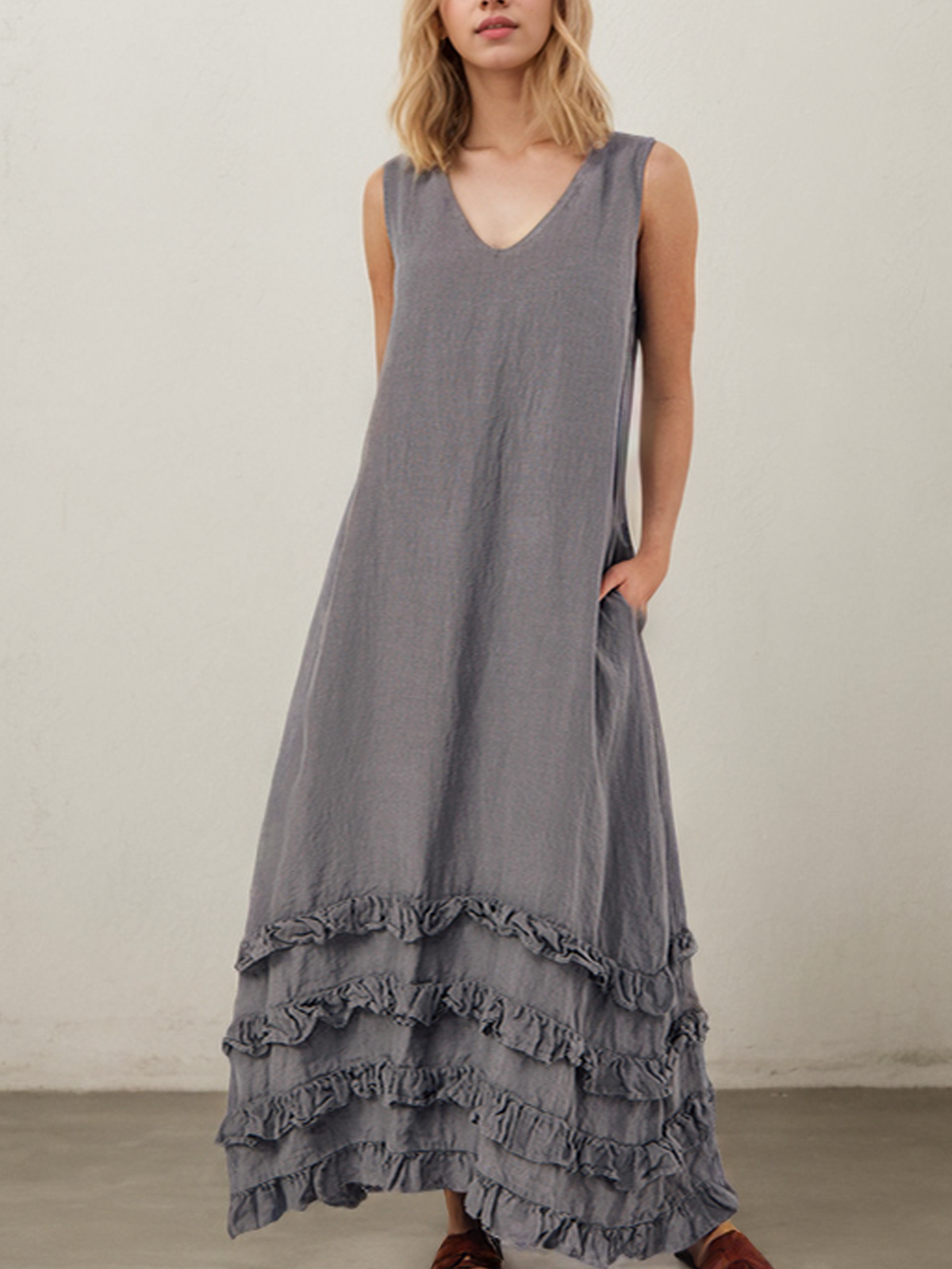 Cotton And Linen Crew Neck Ruffle Design Sleeveless Maxi Dress