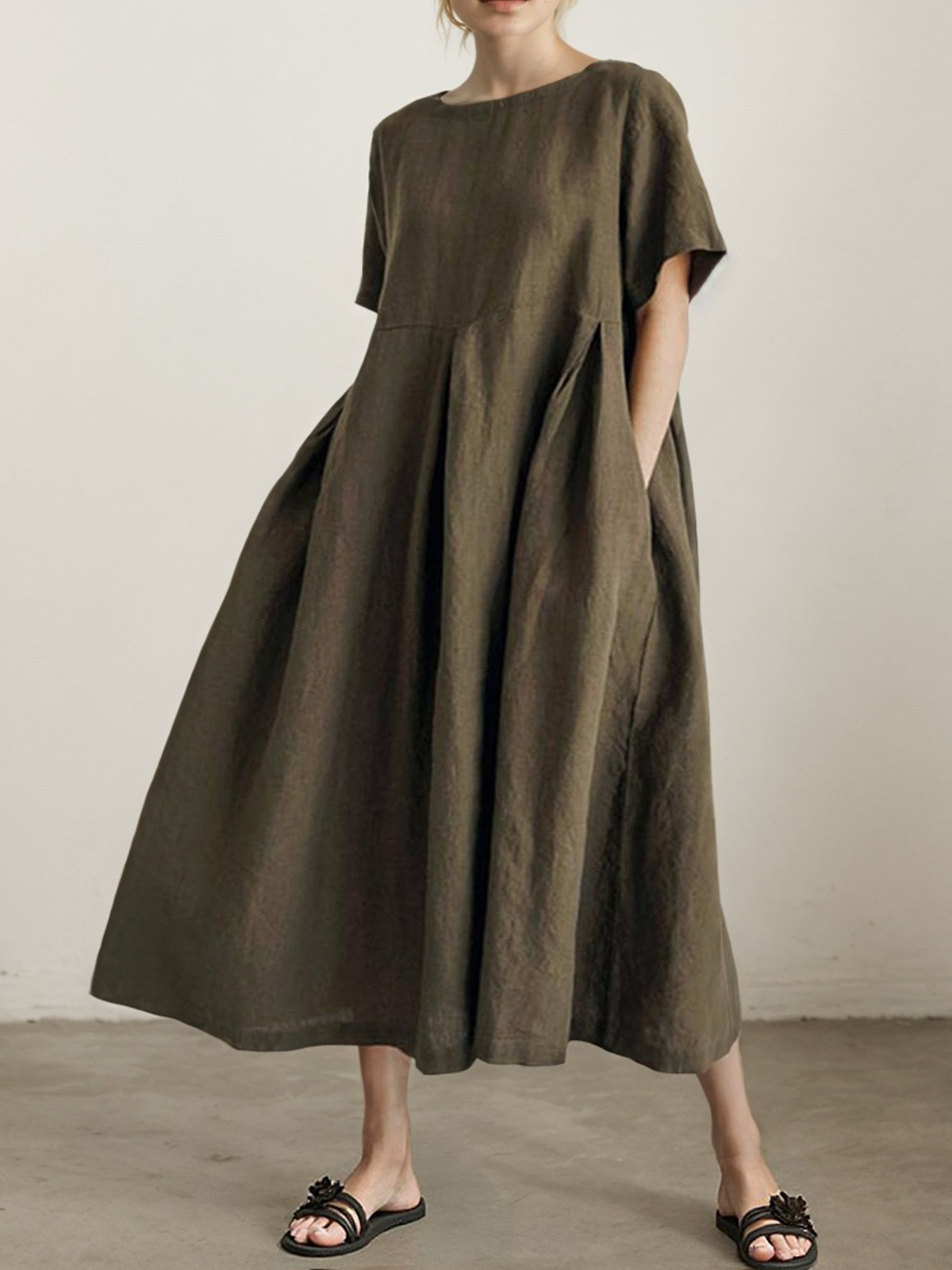 Linen Crew Neck Plain Short Sleeve Midi Dress