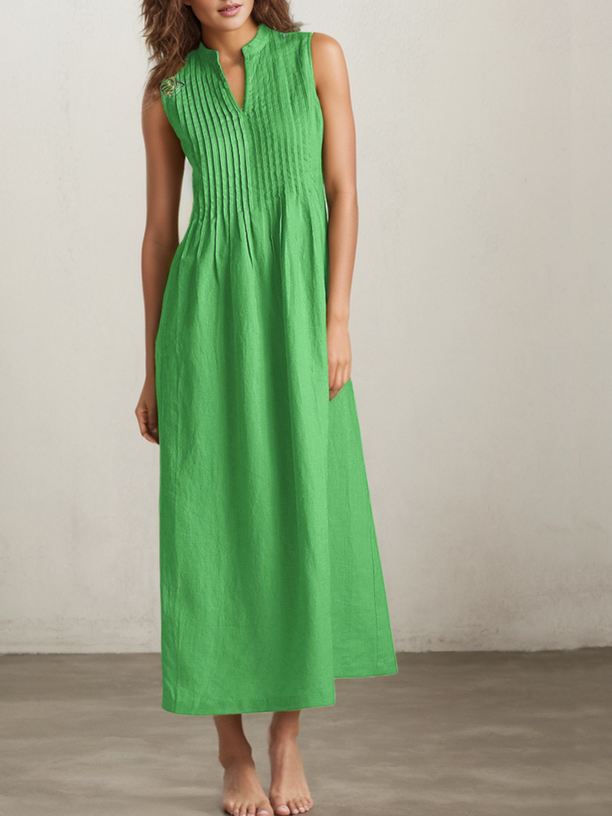 Linen Crew Neck Plain Sleeveless Maxi Dress