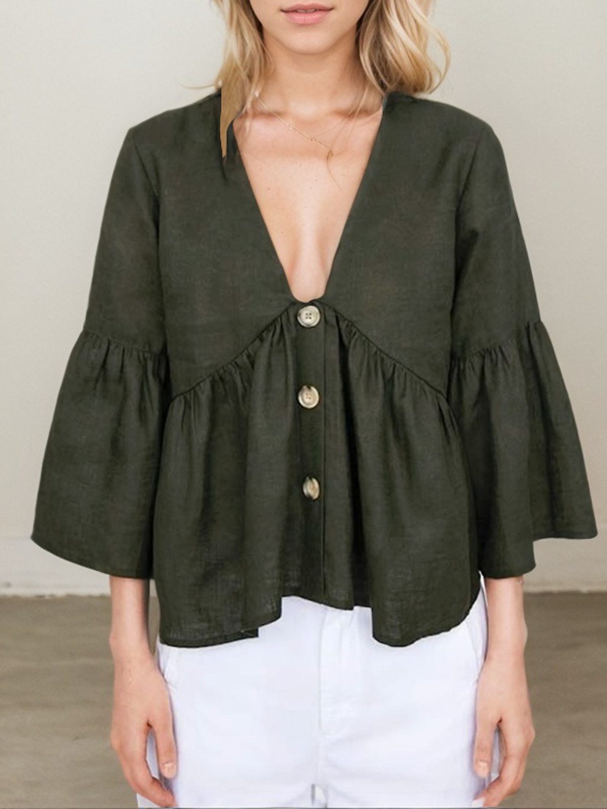 Linen V Neck Plain Three Quarter Sleeve Blouse