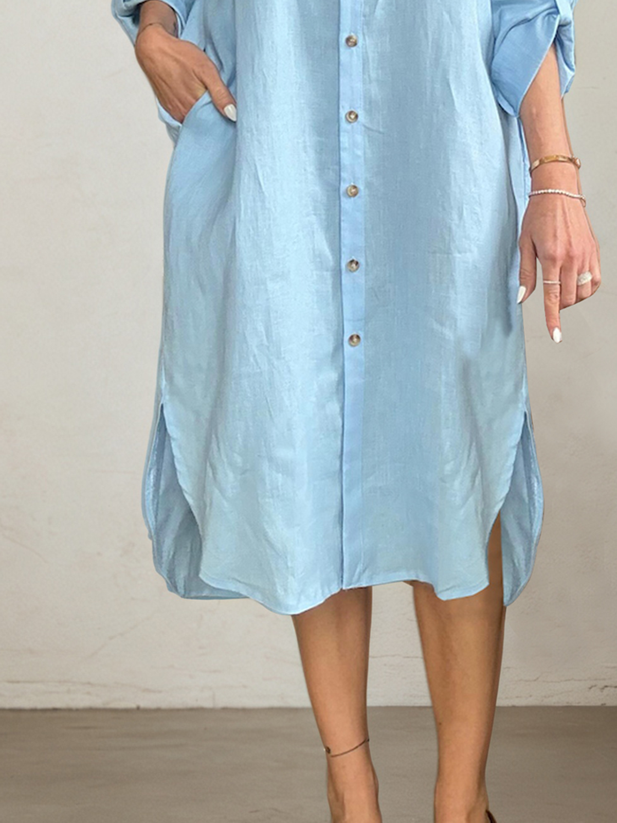 Linen Shirt Collar Plain Long Sleeve Midi Dress