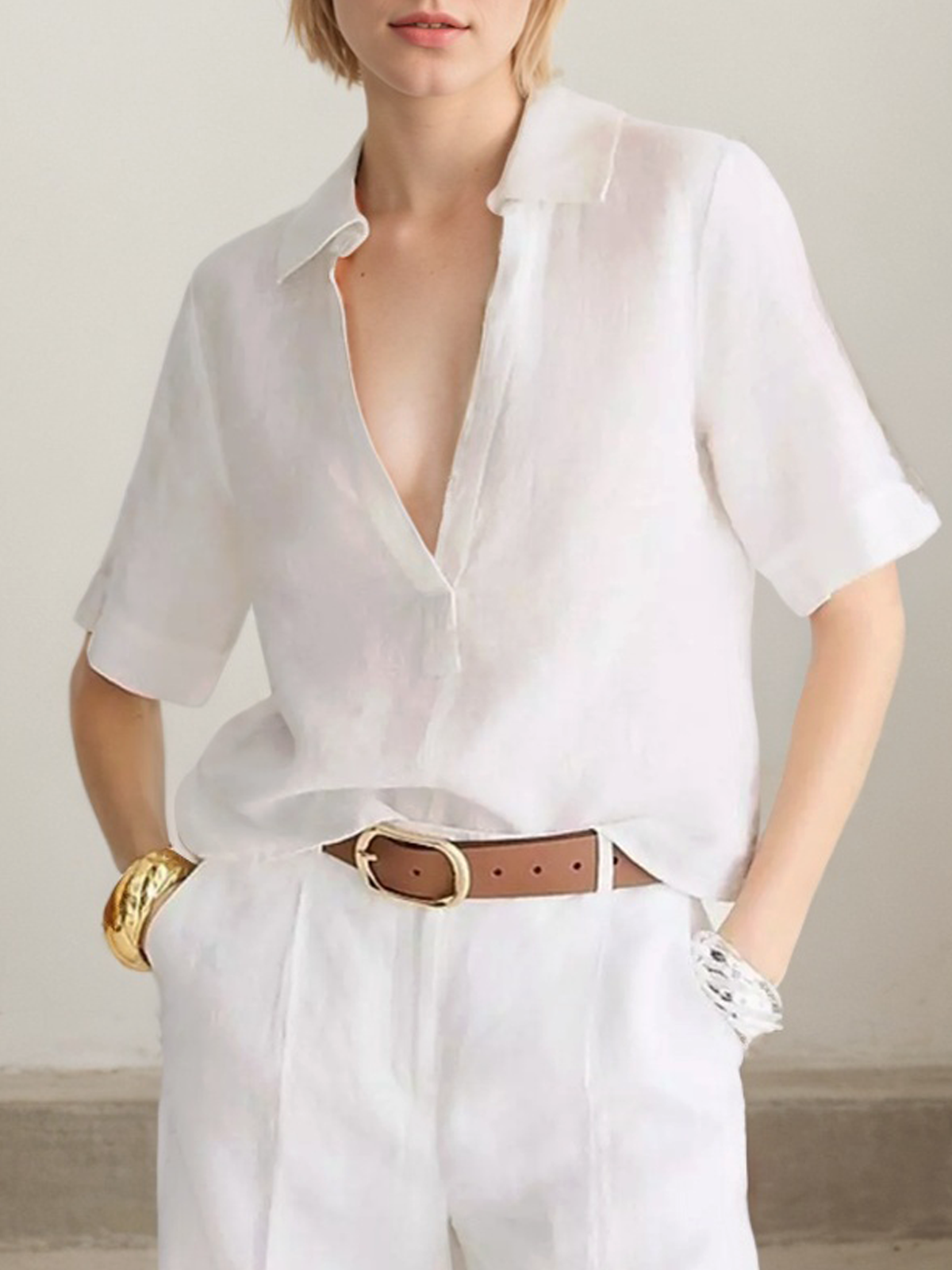 Linen Shirt Collar Plain Short Sleeve Blouse