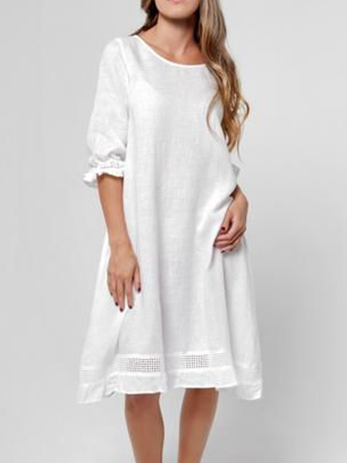 Cotton And Linen Crew Neck Plain Half Sleeve Mini Dress