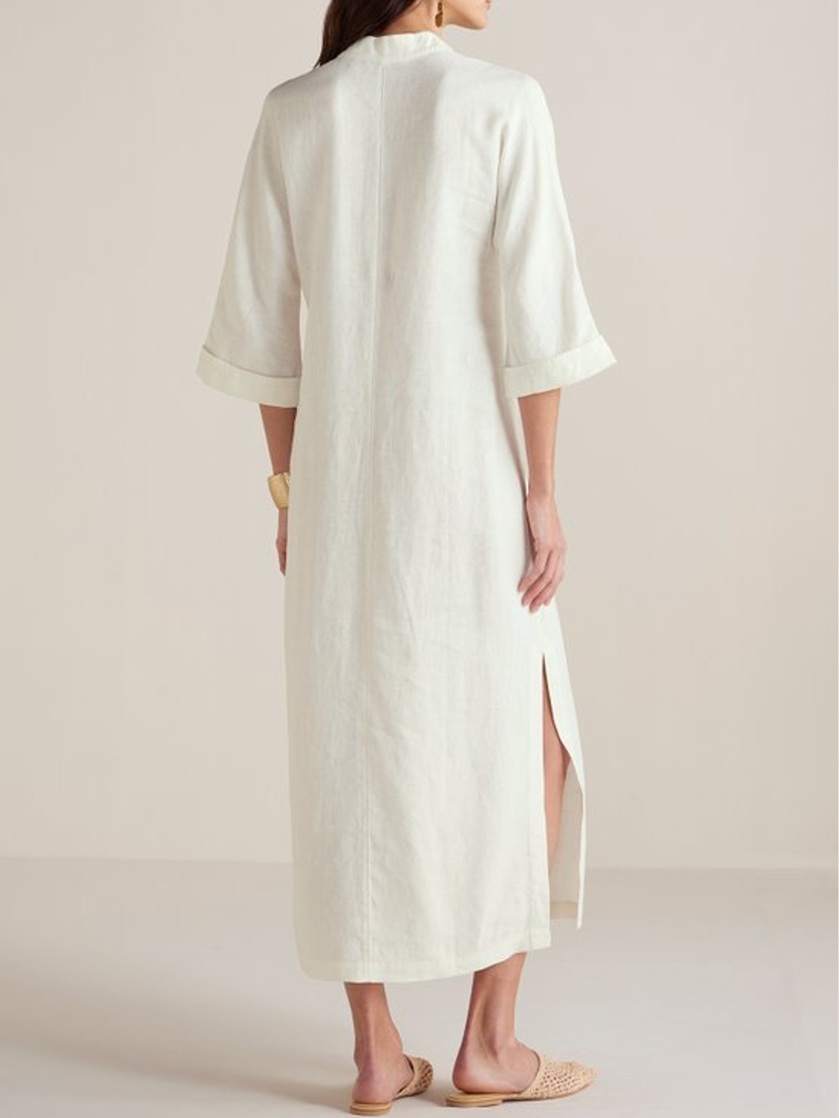 Cotton And Linen V Neck Slit Long Sleeve Maxi Dress