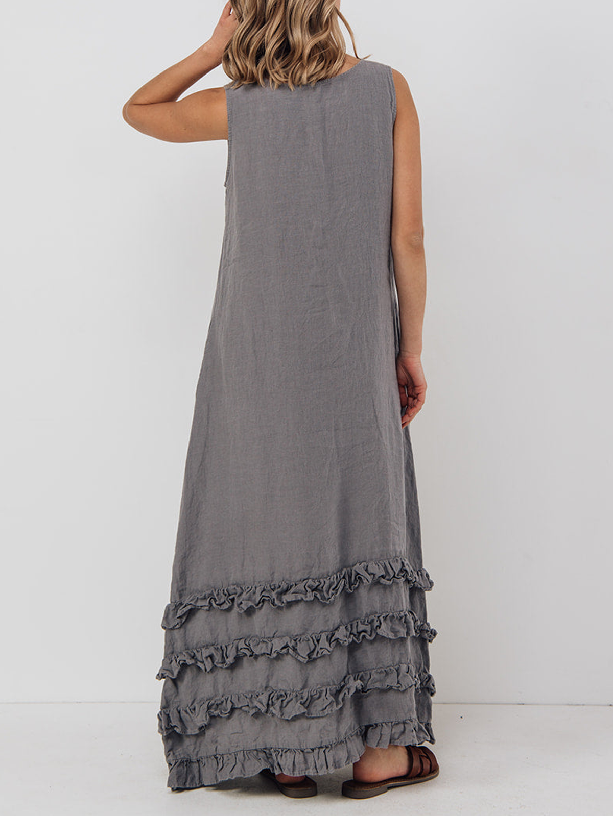 Cotton And Linen Crew Neck Ruffle Design Sleeveless Maxi Dress