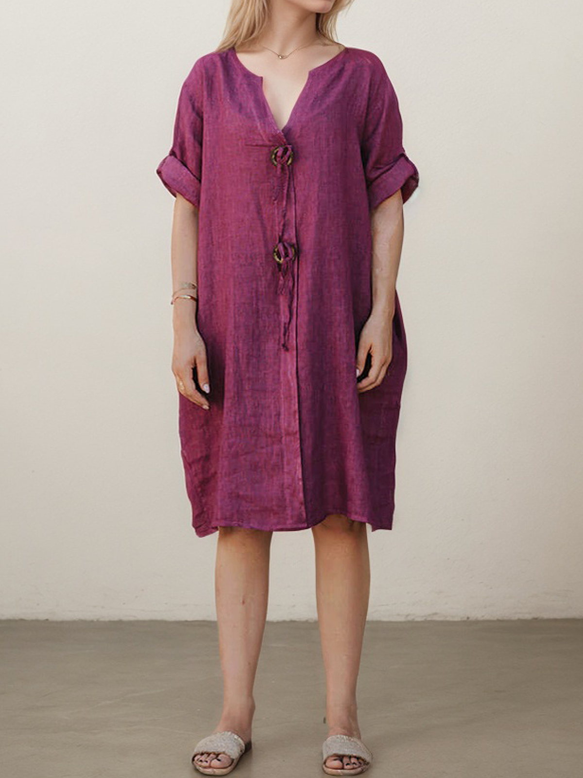 Linen Crew Neck Plain Half Sleeve Mini Dress