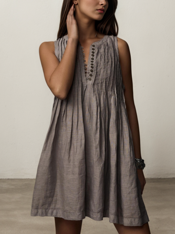 Cotton And Linen Crew Neck Plain Sleeveless Mini Dress