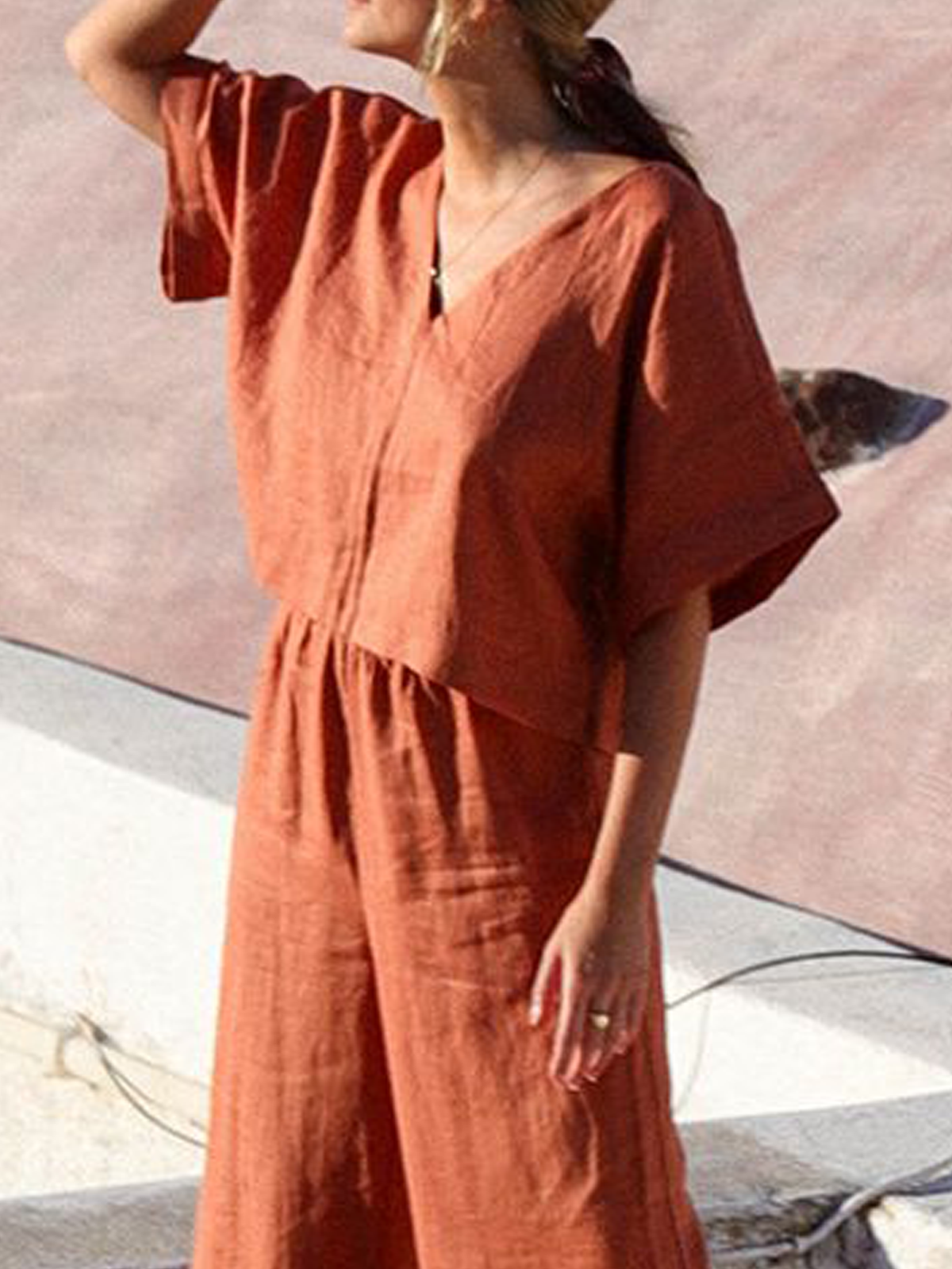 Cotton And Linen Crew Neck Plain Short Sleeve Top With Pants Two-piece Set