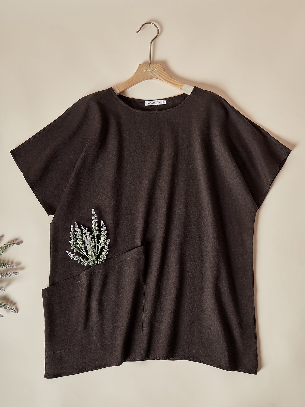 Cotton And Linen Crew Neck Plain Short Sleeve Blouse