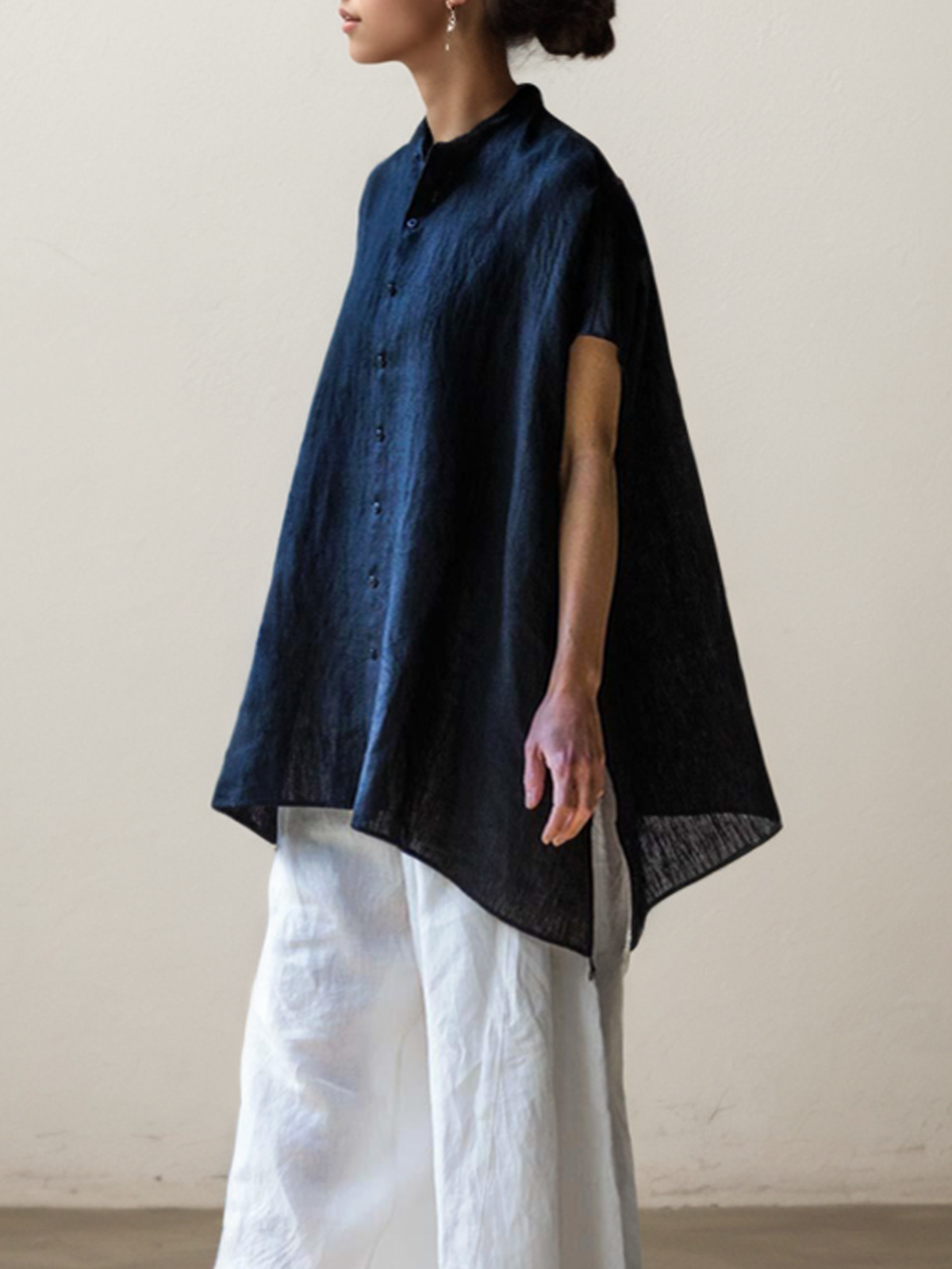 Cotton And Linen Stand Collar Plain Sleeveless Blouse