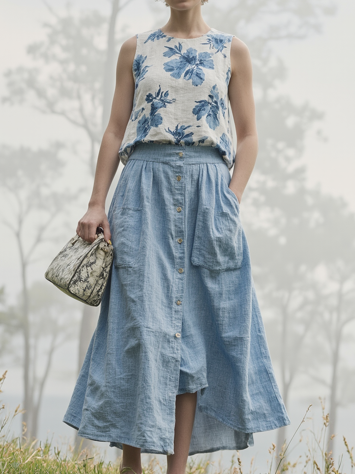 Linen Crew Neck Floral Sleeveless Tank Top
