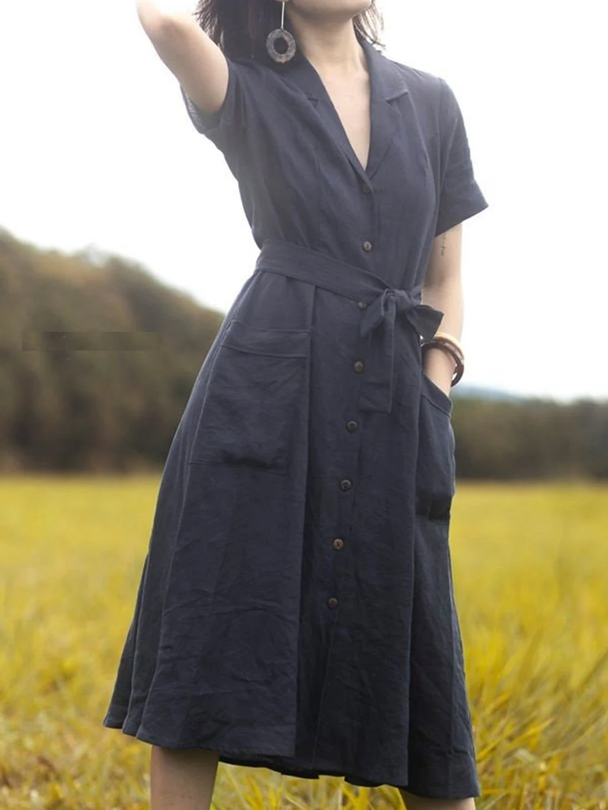 Cotton And Linen Camp Collar Plain Short Sleeve Maxi Dress