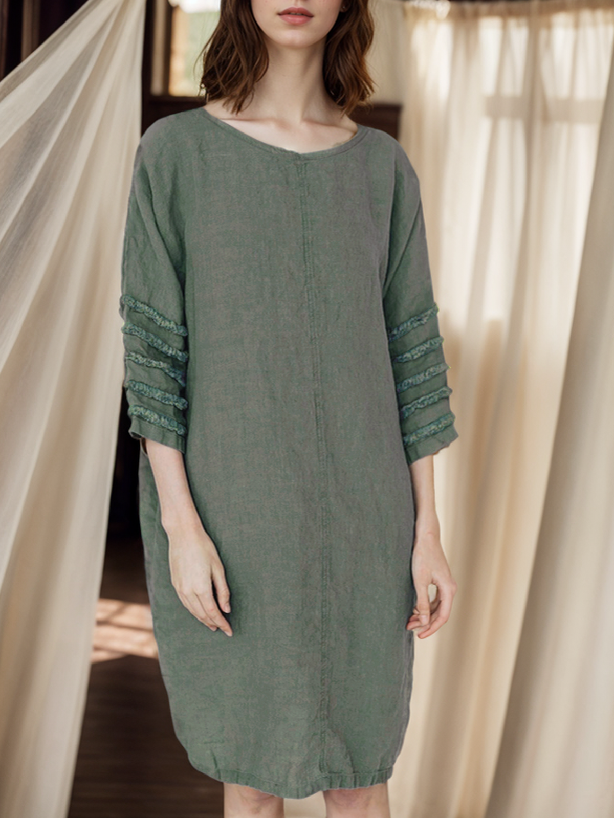 Cotton And Linen Crew Neck Plain Three-quarter Sleeve Dress