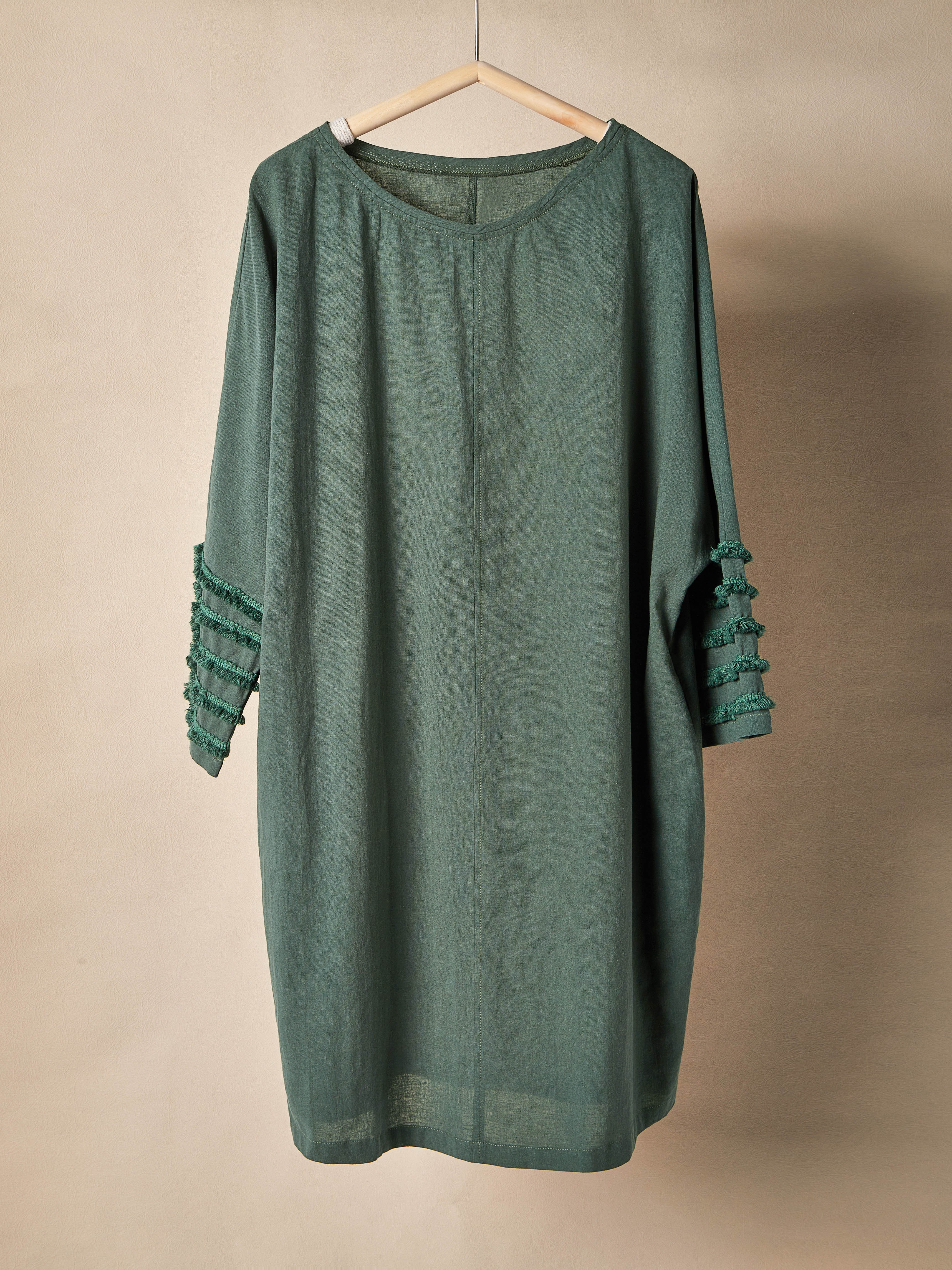 Cotton And Linen Crew Neck Plain Three-quarter Sleeve Dress