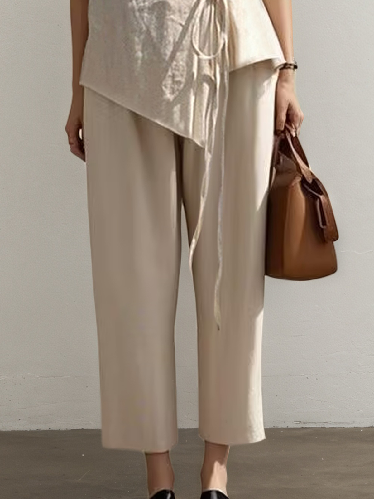 Linen V Neck Plain Short Sleeve Top With Pants Two-piece Set