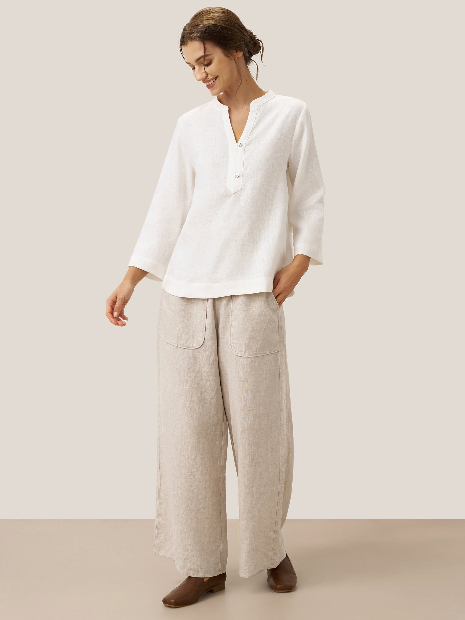 100% Linen Pocket Wide Leg Pants THALIA