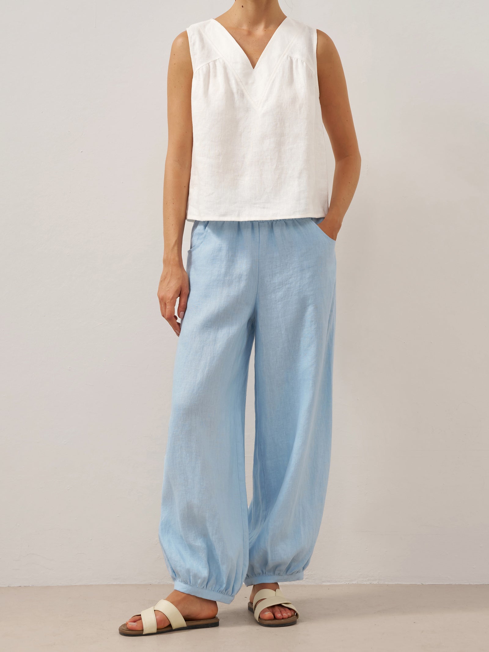 100% Linen Broad Elastic Waistband Pants TALIA