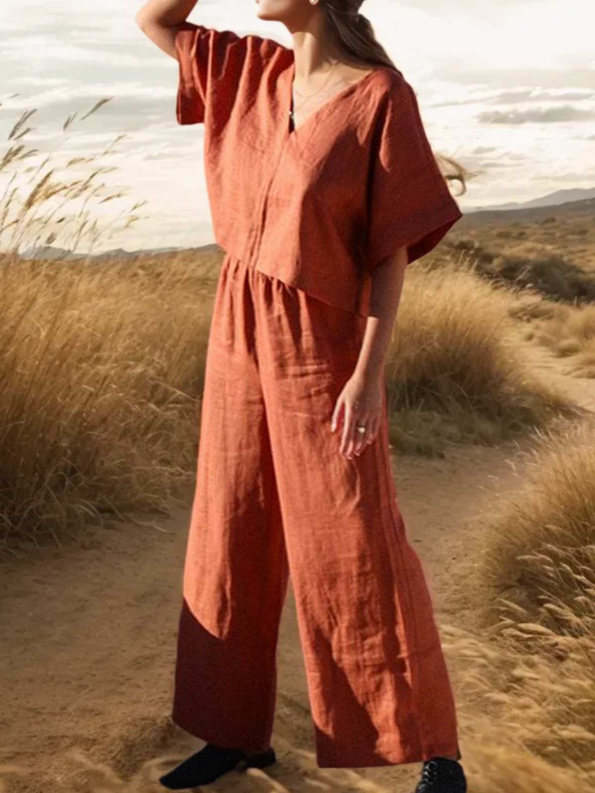 Cotton And Linen Crew Neck Plain Short Sleeve Top With Pants Two-piece Set