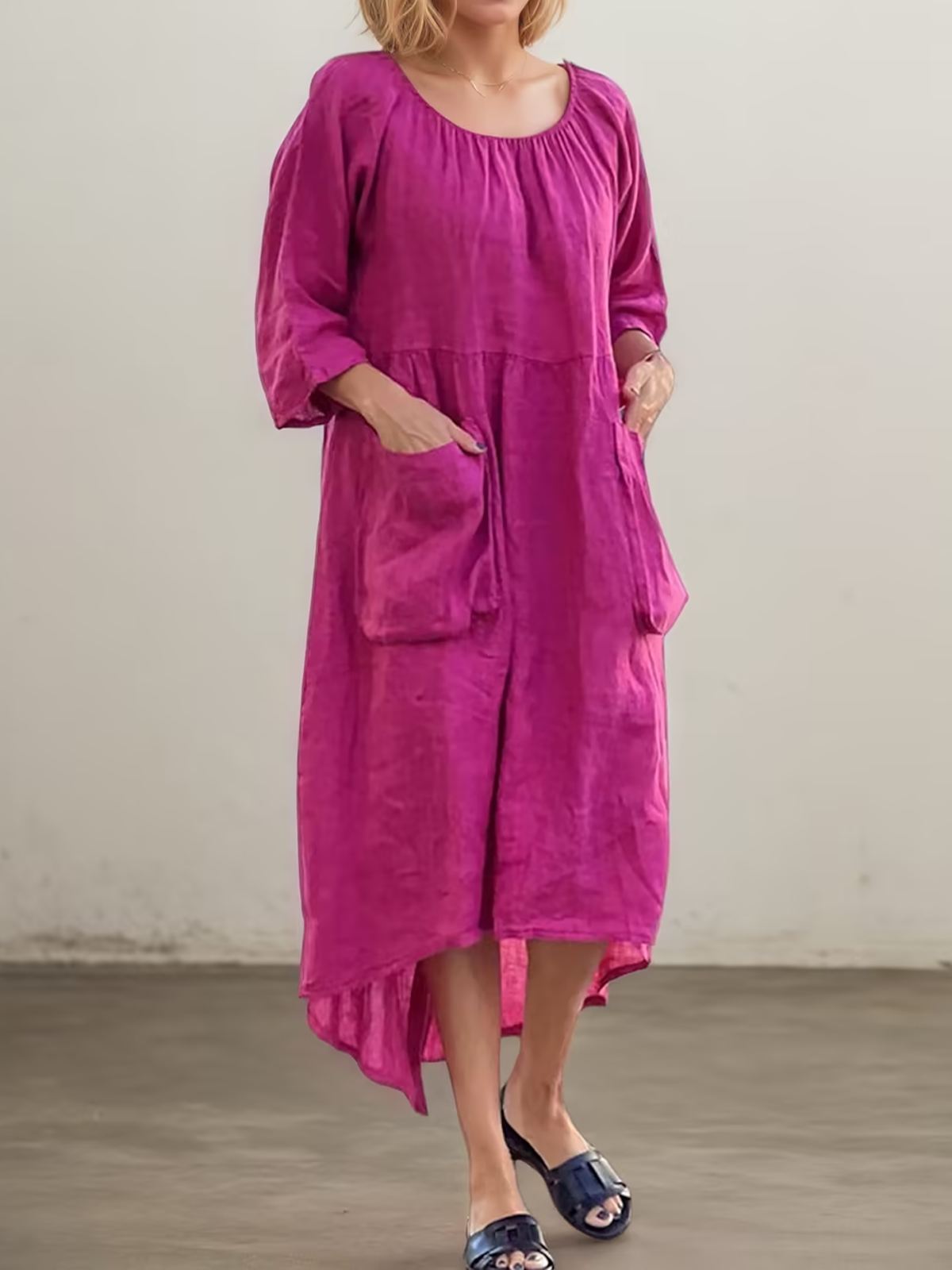 Linen Crew Neck Plain Three Quarter Sleeve Maxi Dress